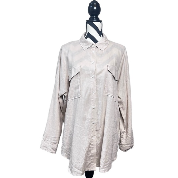 NWT Love Tree Lagenlook Sz M Linen Blend Cream Neutral Button-Down Front Shirt - Picture 1 of 11